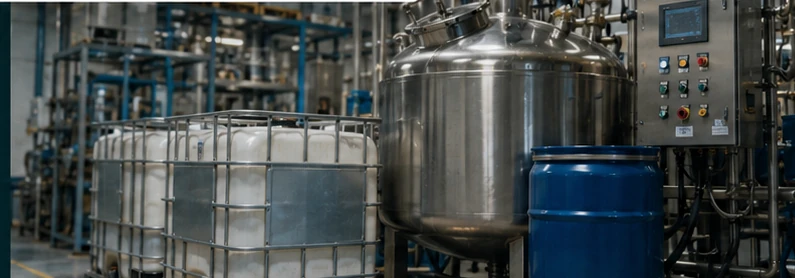 Industrial chemical manufacturing equipment, mixing tanks, totes, and drums