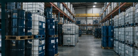 Warehouse stocked with industrial chemical drums and totes
